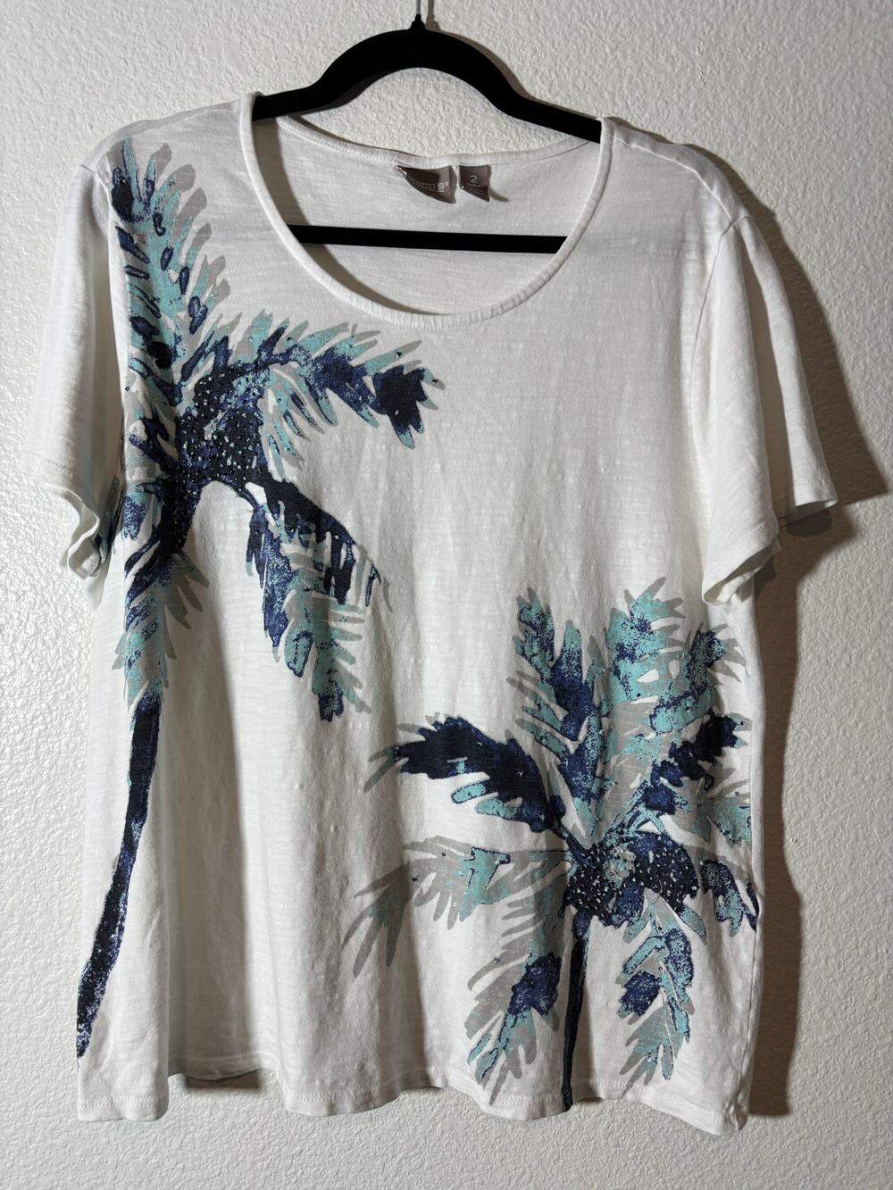 Chico's Size 2 (L) Palm Tree Graphic White Blue Scoop Neck Short Sleeve T-Shirt